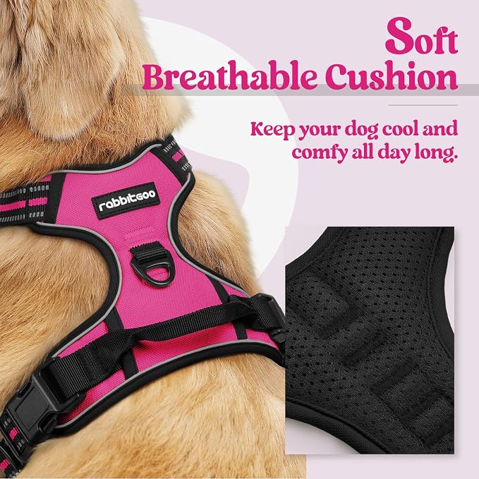 rabbitgoo Dog Harness, No Pull Medium Sized with 2 Leash Clips, Pet Vest | No Choke with Handle, Adjustable Soft Padded, Reflective, Easy Control for Walking, Hot Pink, Medium