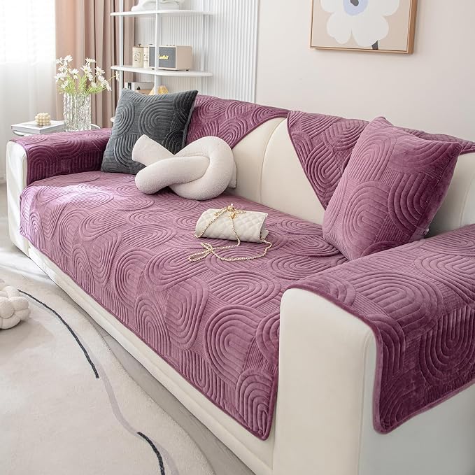 Soft Plush Geometric Quilted Couch Sofa Cover Boho Non Slip Fuzzy Sectional Couch Cover Solid Color Washable Sofa Slipcover Furniture Protector for Kids Dogs Cats (Purple,28"x47")