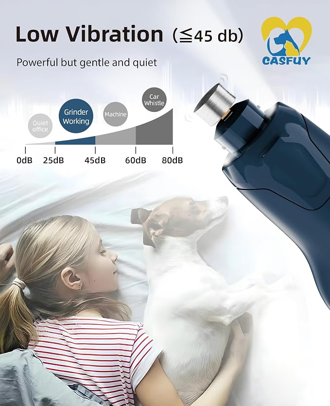 Casfuy Dog Nail Grinder Quiet - (45db) 6-Speed Pet Nail Grinder with 2 LED Lights for Large Medium Small Puppy Dogs/Cats, Professional 3 Ports Rechargeable Electric Dog Nail Trimmer with Dust Cap