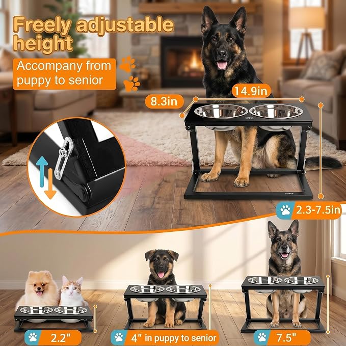 Elevated Dog Bowl, Adjustable Height and Tilt Angle Dog Bowl Stand | Precisely Adjust Height And Tilt Angle, Easy To Clean, Equipped With 2 Stainless Steel Food Bowls, Sturdy And Durable.