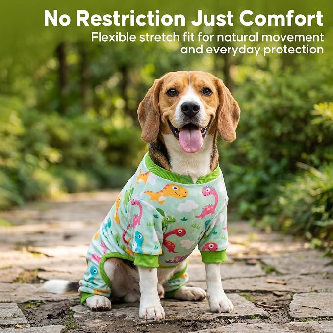 KYEESE Dog Pajamas Velvet Pjs Stretchy Pet Jammies Onesie Small Dog Pajamas with Colorful Dinosaurs Comfy Clothes for Dogs Boy Girl Puppy Coat Soft Outfit, Small