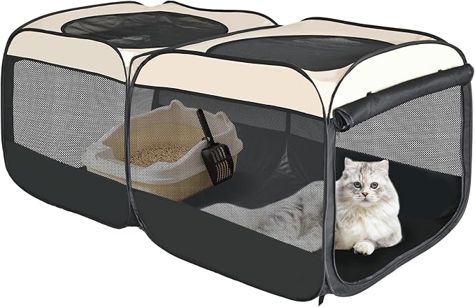 2-in-1 Dog Playpen 58''Pop Up Cat Pet Playpen, Assembly-Free Indoor Outdoor Kitten Enclosure, Kitten Pen Cat Cage Portable Puppy Tent Crates Kennel for Small Animals(No Divider, Unified Space)