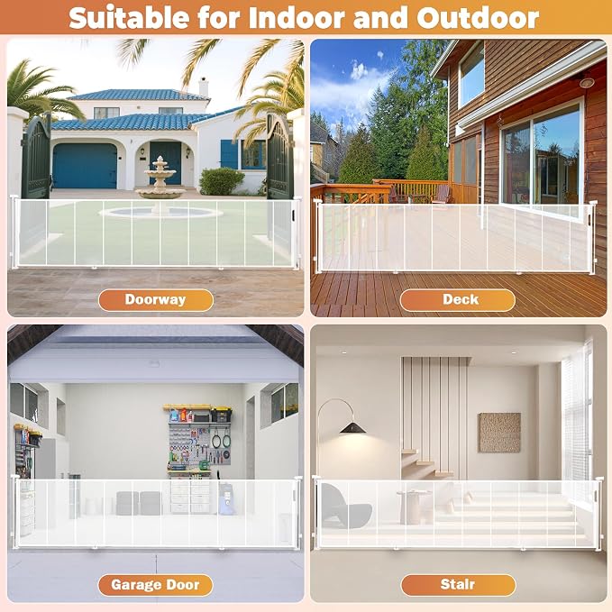 236" Retractable Baby Gates Dog Gate Extra Wide, 42" Tall Child Pet Safety Gate with Reinforced Strips for Stairs, Long Mesh Garage Gates Fence for Outdoor Indoor Large Openings Driveway Decks Patio