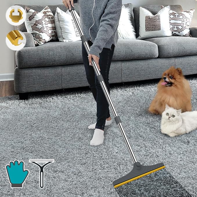 Carpet Rake for Pet Hair Removal, Reusable Carpet Scraper for Rug | Pet Hair Remover with 60” Adjustable Long Handle,Dog Cat Hair Remover Tool for Rugs, Mats, Couch(Grey)