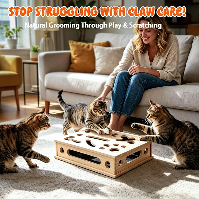 Cat Scratch Puzzle Enrichment Box, Large Cat Nail File Box with Sandpaper | Cat Claw Care, Cat Puzzle Toy Box Sturdy Wood with 3 Small Balls | Stress-Free Alternative to Nail Trimming