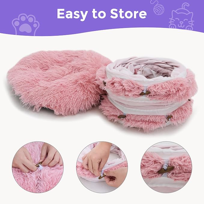 Plush Cat Tunnel Bed for Indoor Cats with Soft Cushion, Multi-Shape Play Cave with Hanging Balls, Large and Foldable Cat Donut Tunnel for Small and Large Pets (Pink)