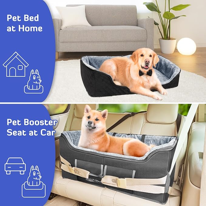 INFANZIA Dog Car Booster Seat for Large Medium Dogs Under 55 lbs | Elevated Pet Car Seats for Pets with Removable Washable Cover, Lookout Puppy Travel Seat with Storage Pockets