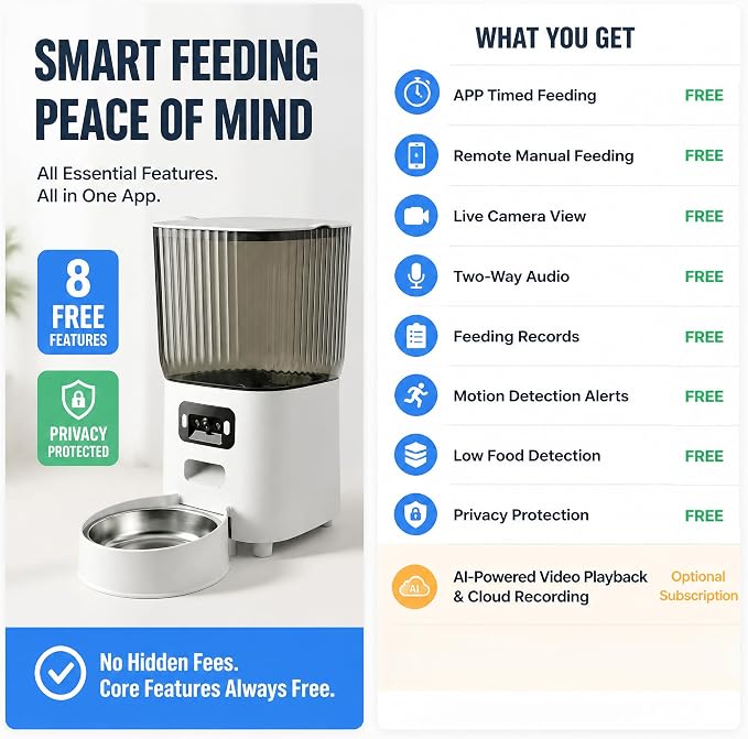 Automatic Cat Feeder with Wide-Angle Camera, 5L(Double-Bowl pro) | Auto Dog Food Dispenser , App Control, 1080P Night Vision,Motion Detection, Two-Way Audio, Large Hopper, Feeding Timer
