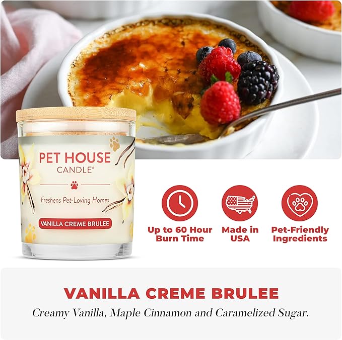 Pet House Candle 2 Pack - Plant-Based/Soy - Clean Burning Scented, Long Lasting Pet Odor Candle for Home - Vanilla Sandalwood, Vanilla Creme Brulee