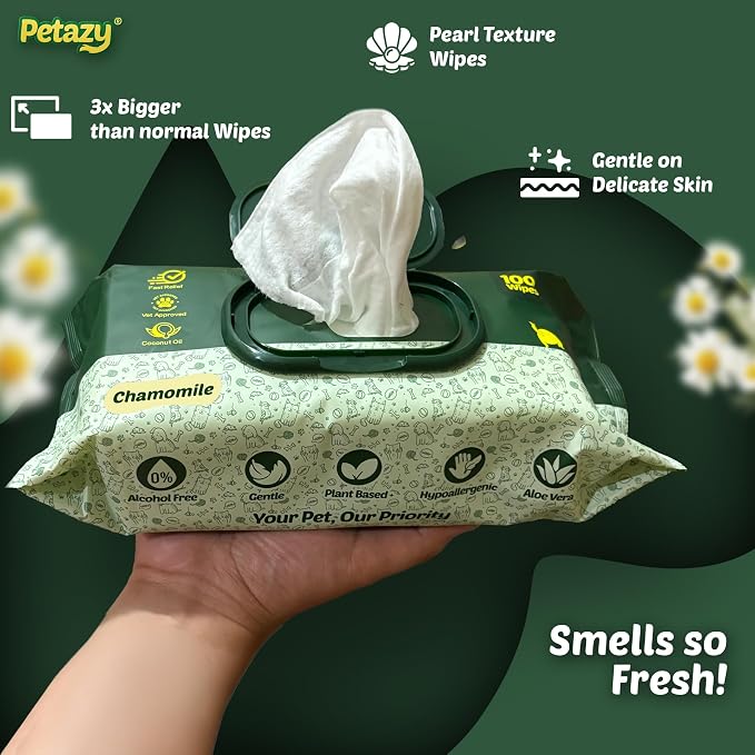 Pet Wipes for Dogs and Cats – 400 Count (8x8in) Hypoallergenic, Deodorizing Dog Wipes for Paws, Ears and Butt | XL with Aloe & Coconut Oil, Chamomile Scented | Includes 4 Grooming Glove Wipes