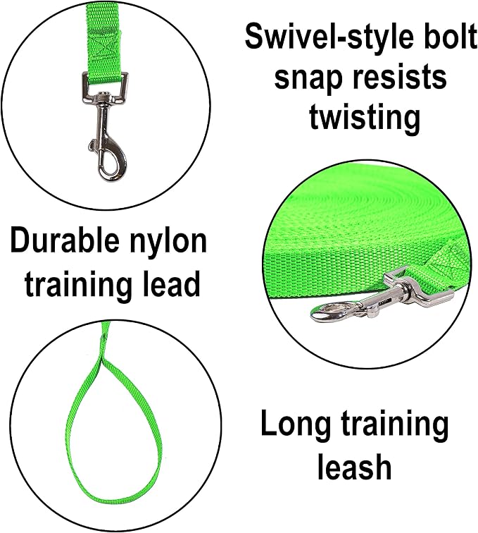 Hi Kiss Dog/Puppy Obedience Recall Training Agility Lead - 15ft 20ft 30ft 50ft 100ft Training Leash - Great for Training, Play, Camping, or Backyard (15 Feet, Green)