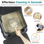 TENTIZON Stainless Steel Cat Litter Box with Lid, Large Covered Enclosed Kitty Litterbox with Hood, Flip Top, High Side, Litter Mat, Scoop for Big Cats, Kitten, No Odor, No Mess, Easy Clean, Black