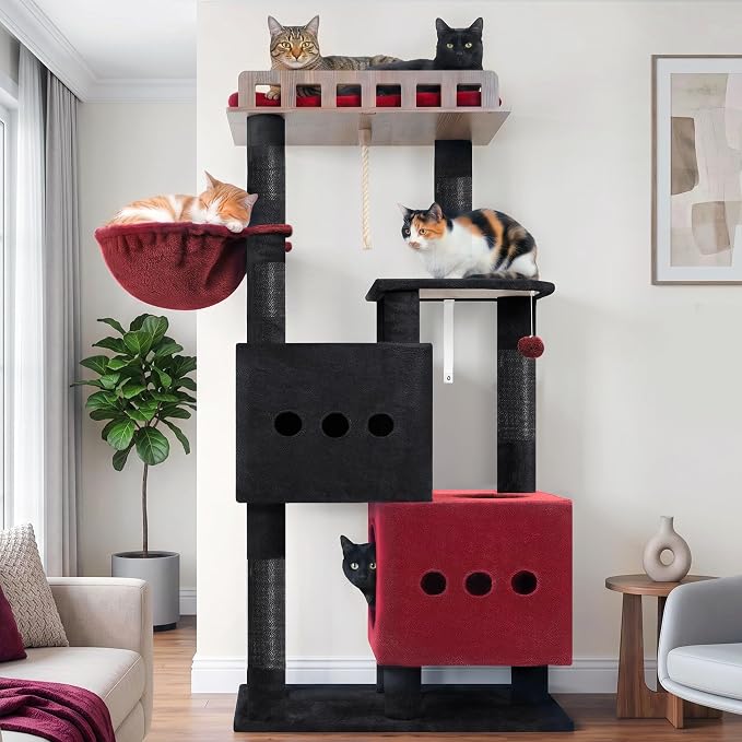 Gitelsnour Cat Tree, Sturdy Cat Tower with 2 Spacious Cat Condos GCT029BR | 60" Stable Base Cat Furniture for Large Cats with Wide Top Perch, Cozy Cat Basket, Sisal Scratching Posts & Toys, Black & Red