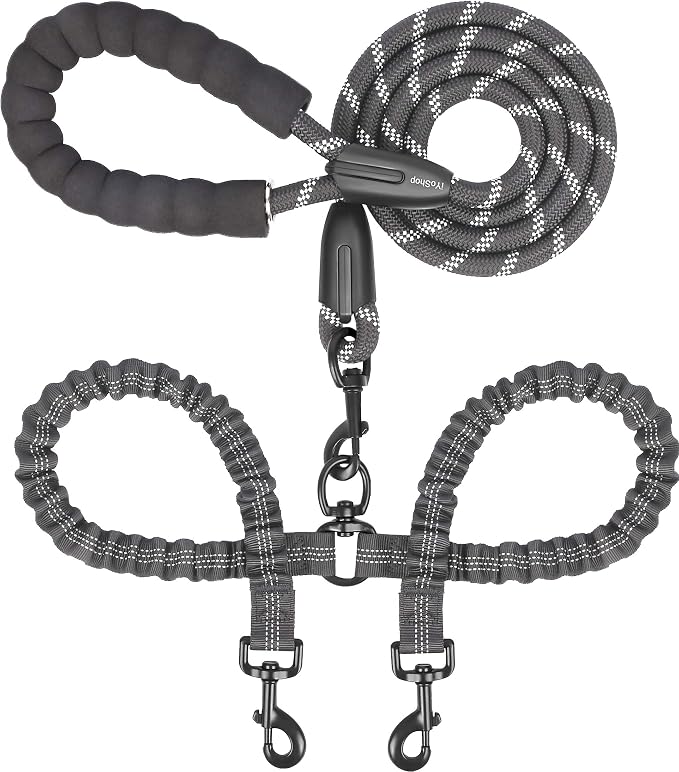 iYoShop Dual Dog Leash - 360° Swivel, No Tangle Walking Leash with Shock Absorbing Bungee for Two Dogs (Large, 25-150 lbs, Black)
