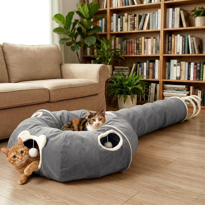 Ownpets 2-in-1 Cat Tunnel Large Lollipop 12" D Collapsible Cave Plush, Grey | Foldable Tunnel Bed, Fluffy Ball, Multi-Exit Maze, For Cats Kittens Puppies Rabbits, Soft Plush, Easy Store, Cozy Hiding Spot