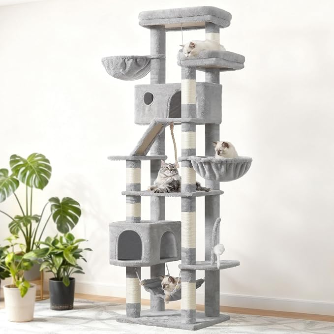Gitelsnour Tall Cat Tree Tower for for Multiple Cats, Large Condo, GCT031W | 78.7"(200cm) Multi-level Scratching Post for Indoor Large Adult, 2 Condo, 4 Platforms, 3 Hammock, Sisal Rope, Toys Light Gray