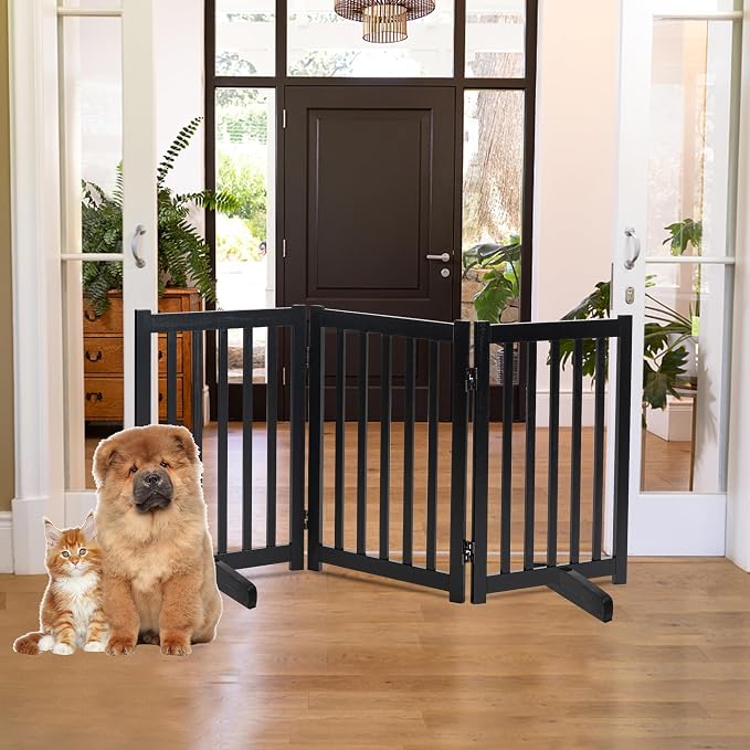 LZRS Freestanding Dog Gate 60" W x 30" H Solid Wooden Pet Gate for Doorways, Stairs & Hallways, Expandable & Foldable with Support Feet，Indoor Use,Black