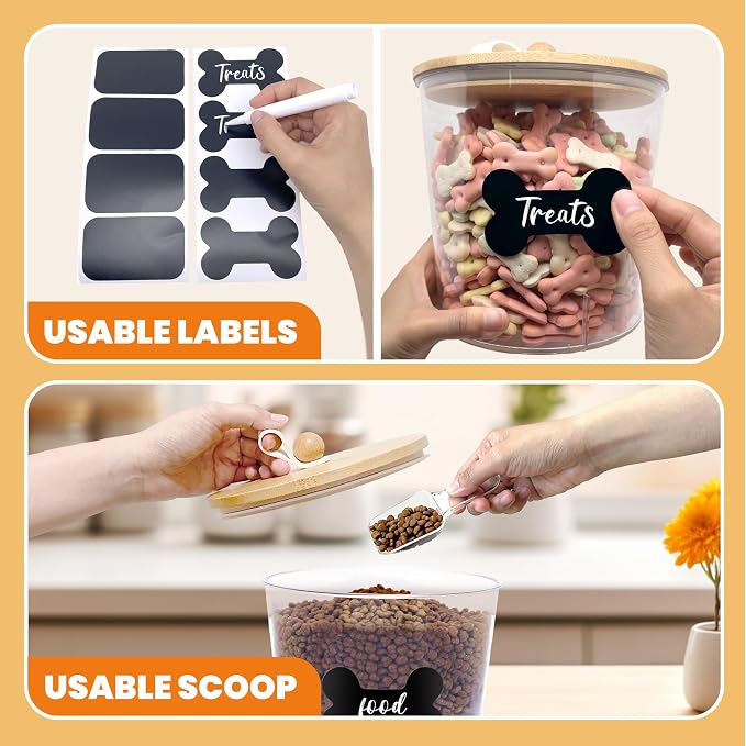 HOYTAMDAR 3 Pack Airtight Dog Treat Containers Bamboo Lids, Dog Treat Jars | Dog Food Storage Container with Scoops, Clamps, Labels and Marker, Dog & Cat Treat Holder