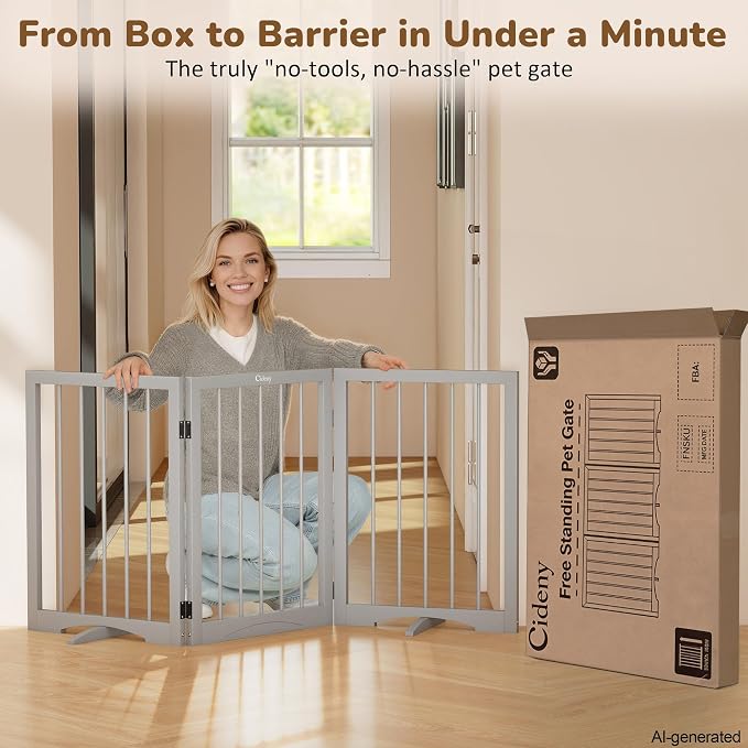 Free Standing Dog Gate Indoor, Foldable Dog Gate for Doorways Stairs | 3-Panel Freestanding Pet Gate with Support Feet for Stability, Folding Puppy Gate Easy to Move, Doggy Gate 54"x24", Grey