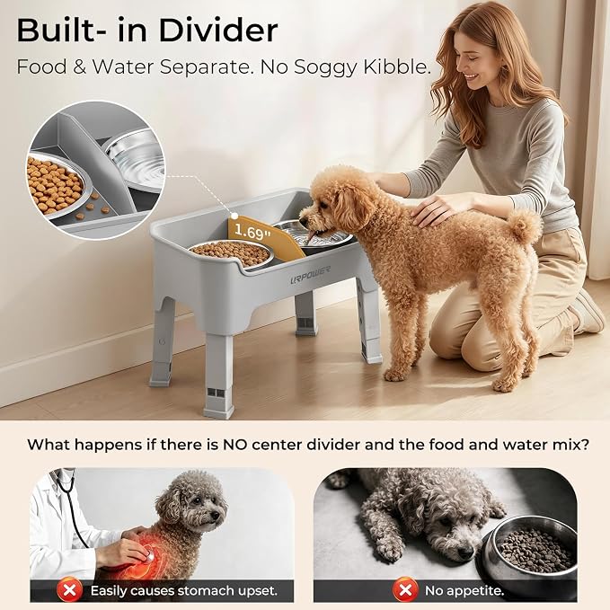 URPOWER Mess Proof Elevated Dog Bowls for Small Dogs with Splash Guard | 4 Height Adjustable Raised Stand with 2 Stainless Steel Food Bowls & Licking Plate for Small, Medium & Large Dogs
