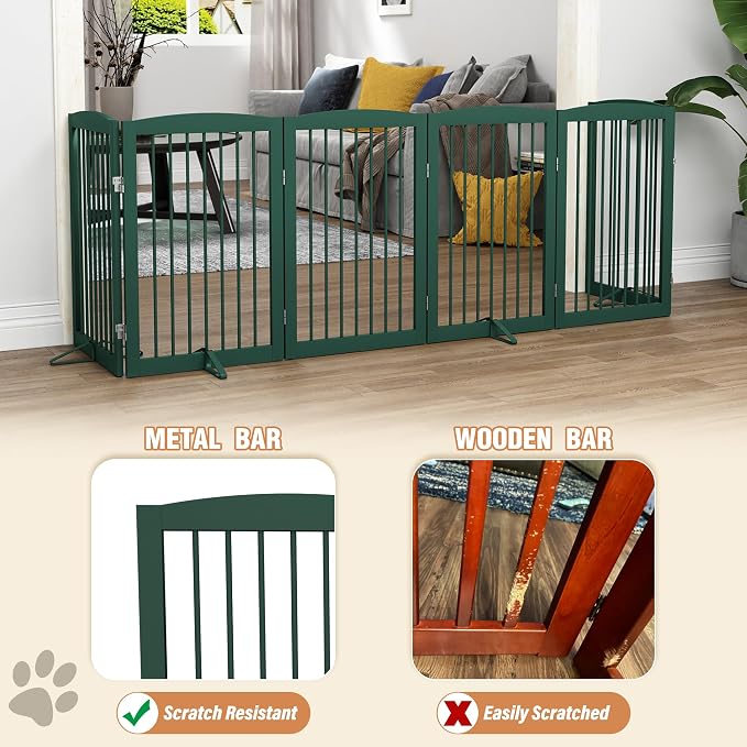 PUPETPO Freestanding Pet Gate for Dogs, Foldable Wooden Dog Gate for House, Extra Wide Indoor Pet Barrier for Stair, Doorway, Hall, Support Feet Included, 120 Inch Wide, 6 Panels 24",Green