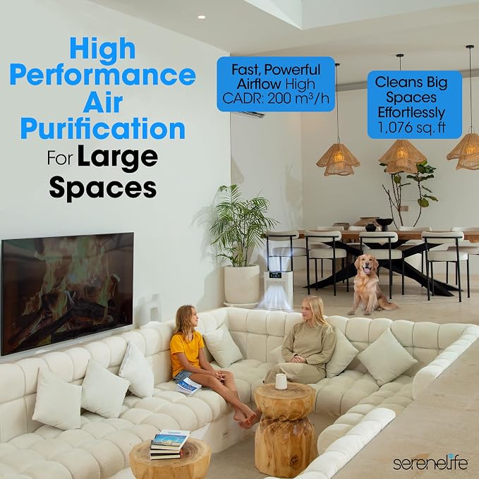 SereneLife HEPA Air Purifier for Home – Smart WiFi & App Control, Ultra-Quiet Air Purifier for Bedrooms & Large Rooms, Removes Dust, Pet Hair & Odors, Ideal for Pets & Allergies (1,800 Sq Ft, White)