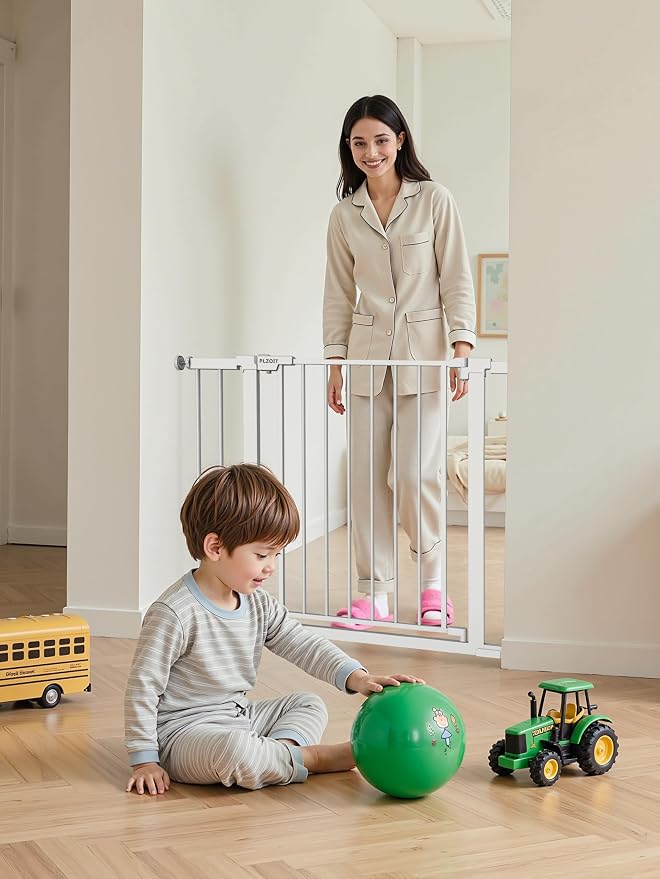 29.5-40.5" Baby Gate for Stairs, Dog Gate for Doorways, Walk Thru Auto Close Metal Baby Safety Gate for The House, Stairs and Doorways, Child Gate Pressure Mounted, Pet Gate for Dog Indoor - White