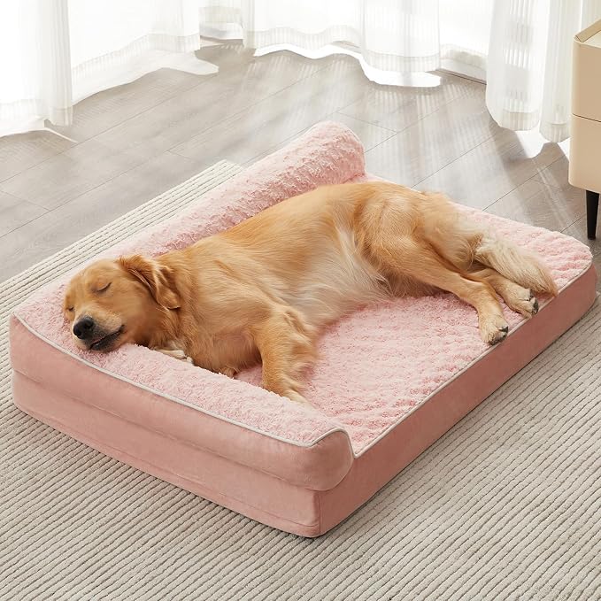 BFPETHOME Orthopedic Washable Dog Bed, Sleeping Couch for Large Senior Dogs | 36x27 Inch Deluxe Plush Rose Velvet Washable Cover, Egg Crate Foam Support, Waterproof Lining, Non-Slip Bottom, Pink