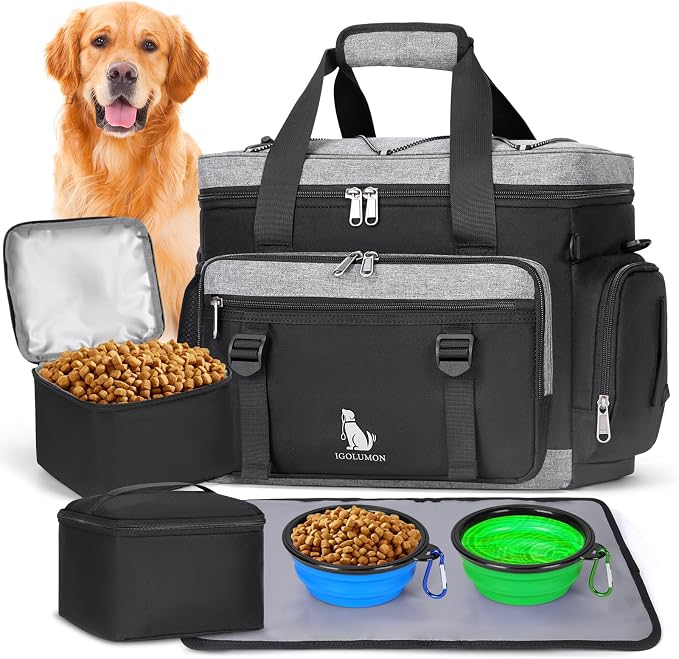 IGOLUMON Dog Travel Bag Large Pet Travel Bags Set for Supplies Weekend Travel Kit Tote Organizer Multi-Pockets Food Travel Bag with 2 Extra Large Food Containers, 2 Dog Bowls, 1 Feeding Mat