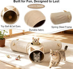 Cat Tunnel 3 Way Collapsible, Cat Ear Design with Crinkle Sound, Indoor Cat Toys Interactive, 4 Peek Holes Pet Play Tube for Cats, Kitten, Puppy, Rabbit, Brown (3-Way Brown Cat Ears)