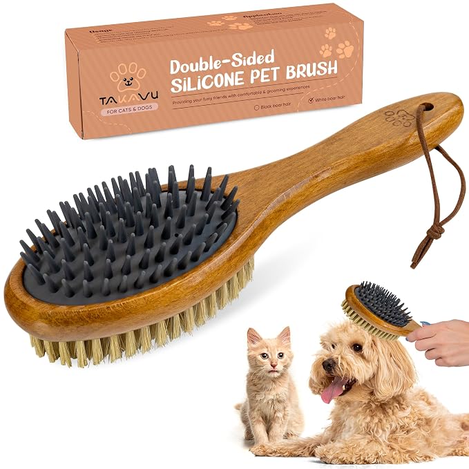 TAKAVU Short Hair Dog & Cat Deshedding Brush, Double-Sided Silicone Bristle | Grooming Brush for Pets, Gentle on Sensitive Skin, Wooden Handle, Reduces Shedding