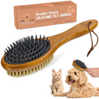 TAKAVU Short Hair Dog & Cat Deshedding Brush, Double-Sided Silicone Bristle | Grooming Brush for Pets, Gentle on Sensitive Skin, Wooden Handle, Reduces Shedding