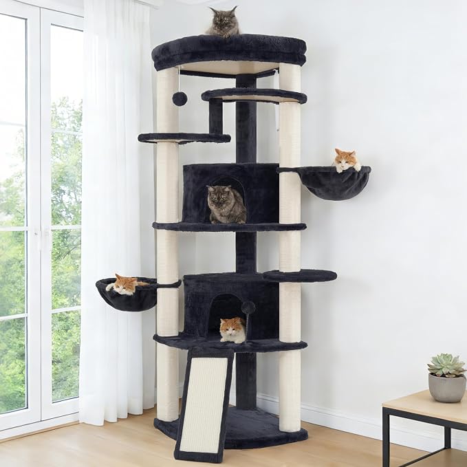 Gitelsnour Corner Cat Tree, All Sisal Multi-Cat Scratching Posts GCT035G | 63.8" Cat Tower for Indoor Cats with Cat Condo, 2 Large Cat Caves, Big Top Perch, 2 Hanging Baskets & Sisal Ramp, Drak Gray