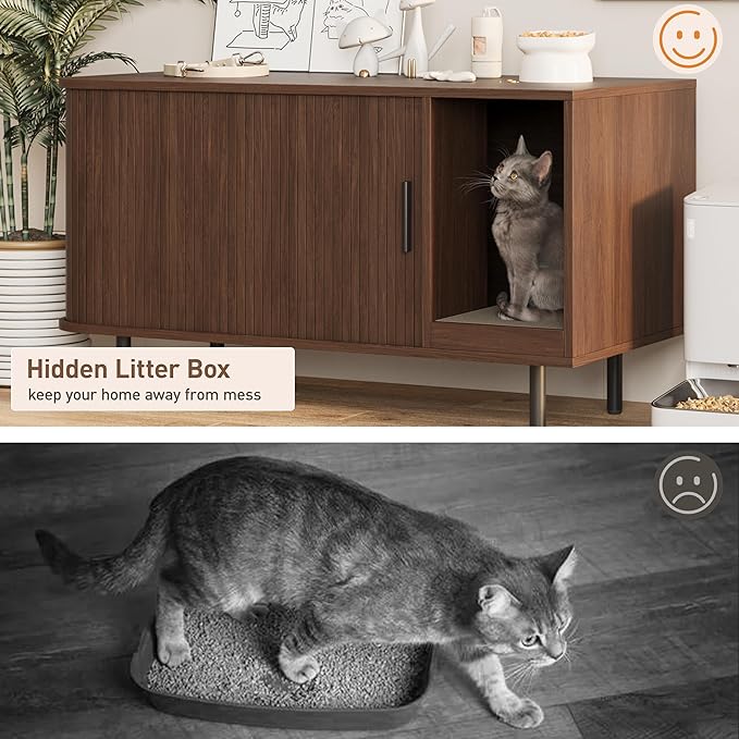 Halitaa 37.4" Cat Litter Box Enclosure with Scratch Pad, Sliding Door | Litter Box Enclosure Furniture Hidden Litter Box, Modern Indoor Cat House, TV Stand, Side End Table for Living Room, Walnut
