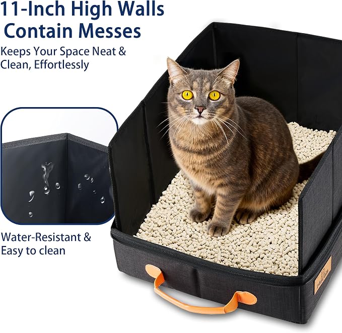 MORAIS Portable Travel Litter Box for Cats, 17.7"×13.5"×11" Collapsible Cat Litter Box with Lid, Leak-Proof Cat Litter Pan for Car Hotel Airplane, Waterproof & Easy to Carry- Black