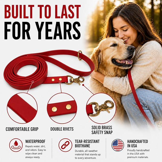 Gummy K9 Dog Leash, Biothane, Dog Training Leash, Made in The USA, 6 Feet, Various Sizes & Colors (1/2, Red)