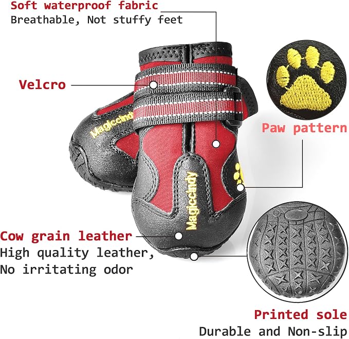 XSY&G Dog Boots,Waterproof Dog Shoes,Dog Booties with Reflective Strips Rugged Anti-Slip Sole and Skid-Proof,Outdoor Dog Shoes for Small Medium Large Dogs 4Pcs Red-Size 1