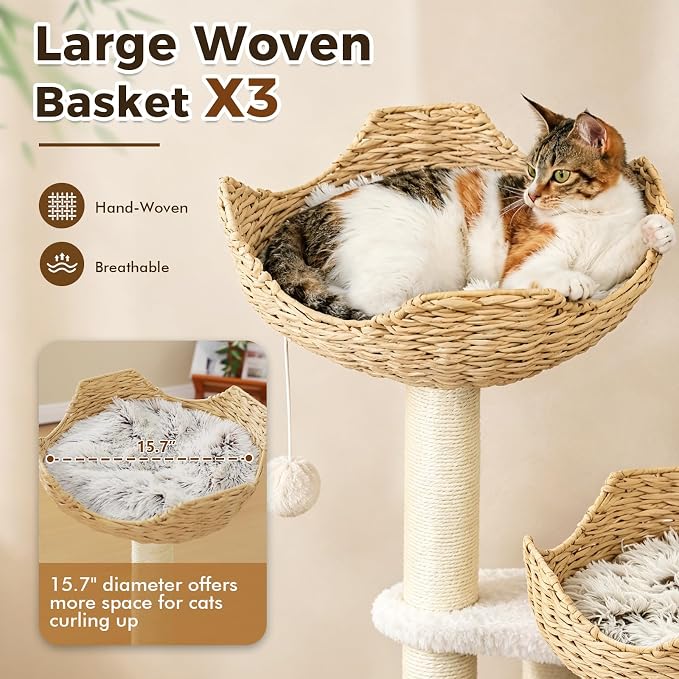 PAWZ Road Modern Cat Tree with Baskets, 44" Cat Tower for Indoor Cats,White | 3 rattan baskets (φ15.7") with thick cushions, sturdy base cat tree for large indoor cats, multi-level climbing resting space