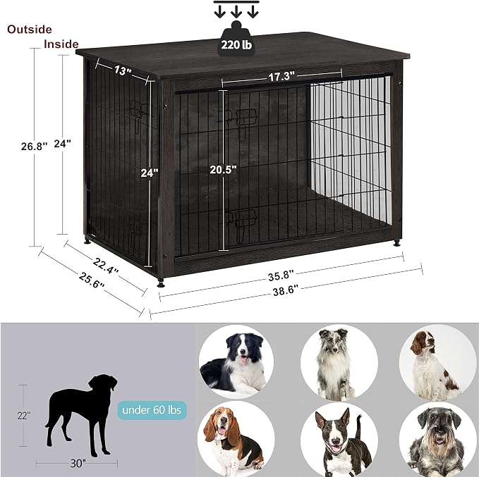 DWANTON Dog Crate Furniture with Cushion, Wooden Kennel Table with Double Doors, Indoor Dog House, Large Size, 38.5" L, Dark Gray