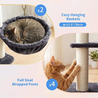 Heybly Cat Tree with Reinforced Big Base, 41.3 in Sturdy Cat Tower HCT075G | Indoor Cat Furniture Featuring 2 Roomy Platforms, Double Condos, 2 Cozy Baskets, Full Sisal Scratching Posts, Smoky Gray
