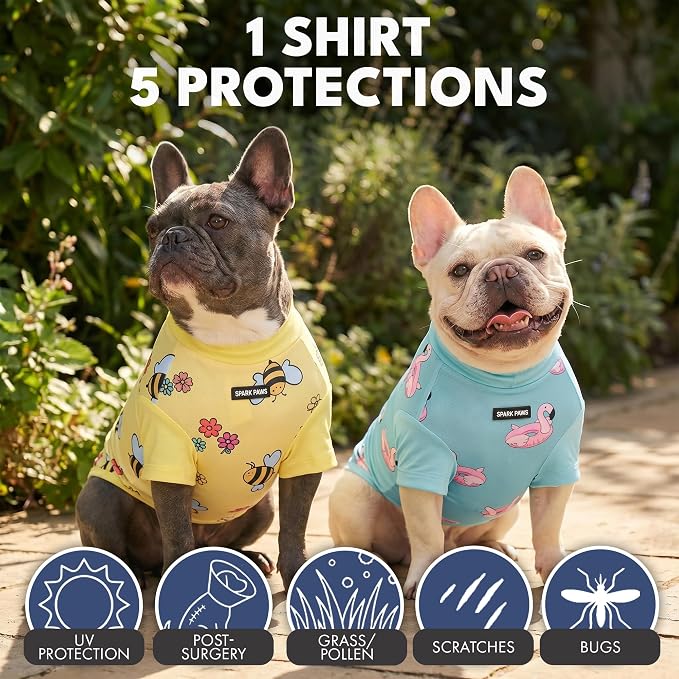 Spark Paws Sunblock Dog T-Shirt, SPF30 Protection, Lightweight Breathable Quick Dry for Dogs with Sensitive Skin - Bees & Flamingo (Set of 2) - Size 5XL