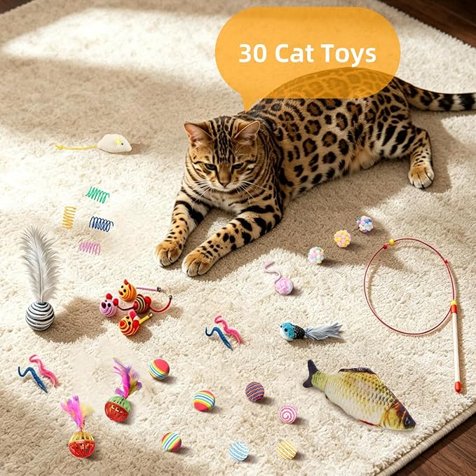 Cat Tunnel Bed with 30 Pcs Interactive Cat Toys, Cat Tube with Kitten Toys for Indoor Kittens, Collapsible Play Tunnel, White