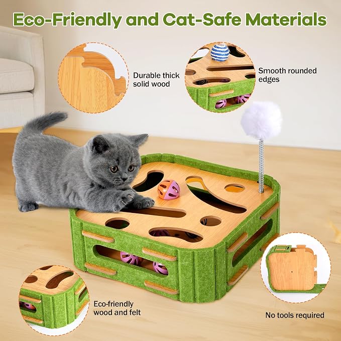 5-in-1 Cat Puzzle Box Toy for Indoor Cats Boredom Relief Interactive Wooden Cat Enrichment Maze with Balls, Feather Wands & Spiral Springs, Slow Feeder Treat Dispenser for Kittens & Adult Cats