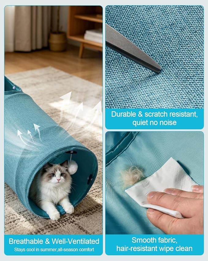 Cat Tunnel, 3 Straight Shaped Tunnels 6 DIY Shapes with Wand Toys, No Noise Scratch Resistant Cool Linen Fabric, Interactive Pet Tunnel Tube for Indoor Cats, Puppy and Rabbits