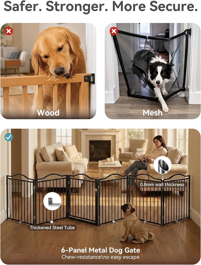 No Pawblems Full Metal Free Standing Dog Gate with Door, 30'' Tall Foldable Freestanding Pet Gate for Indoor & Outdoor, Up to 156 Inch Extra Wide Dog Fence for Doorways, Stairs, Deck, Yard - Black