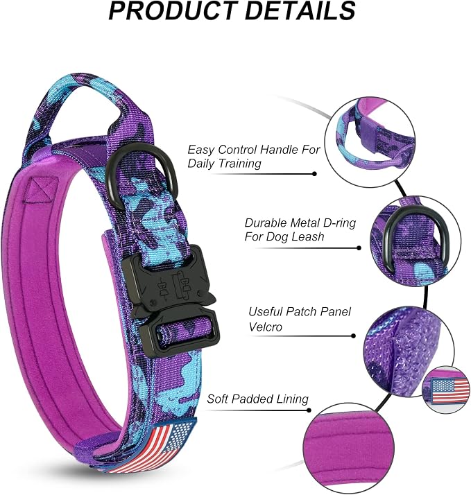 Hotsky Tactical Dog Collar and Leash Set, Heavy Duty Military Airtag Dog Collar with Handle and Metal Buckle for Training and Walking, with Airtag Holder and Two Patches (Purple Camo, M)