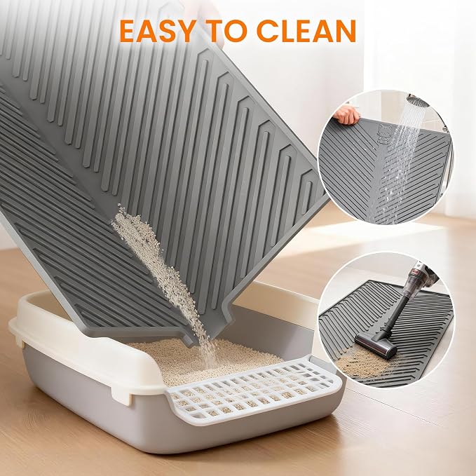 Cat Litter Box Mat Large Litter Trapping Mat for Cat | 34" x 22", Silicone, Foldable, Non-Slip, Friendly Soft on Cat Paws, Easy to Clean, Scatter Control, Light gray