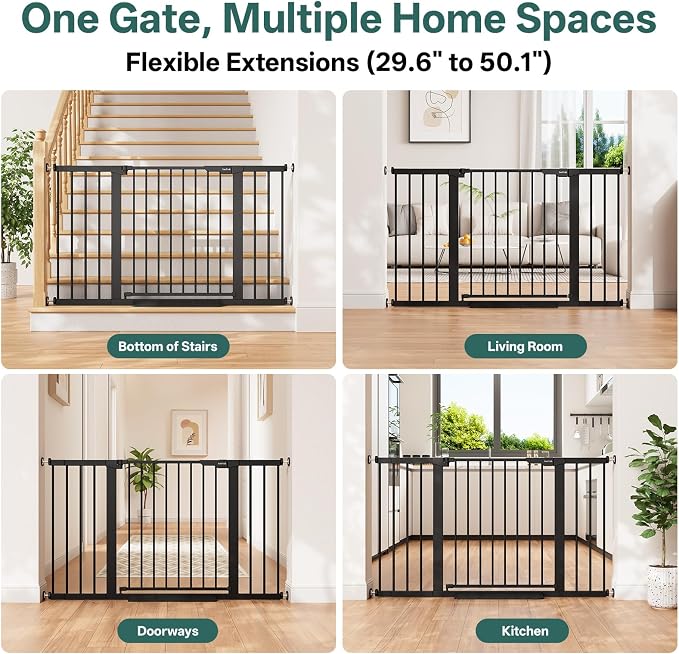 InnoTruth 29.6-50.1 in Extra Wide Baby Gate for Stairs and Doorways, Black | Indoor Metal Dog Gate for Pets, Auto Close 2 Way Swing Walk Through Door, Double Lock & Y-Bolts, Pressure or Hardware Mount