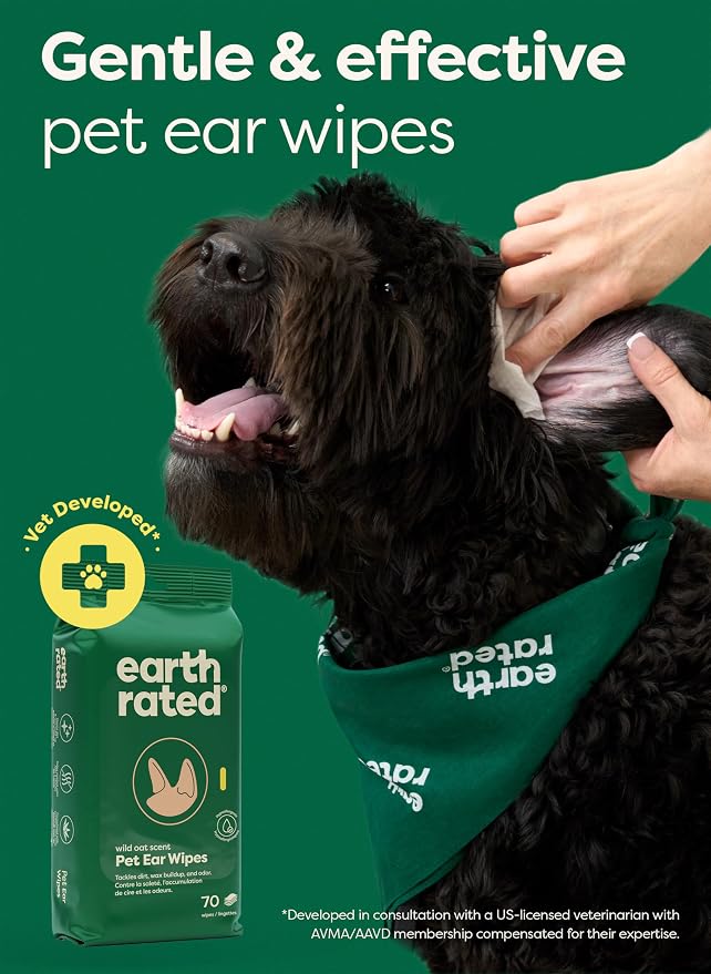 Earth Rated Dog Ear Wipes, Vet Developed, Wild Oat, for Dirt & Wax, 70ct | Pet Ear Wipes for Dogs & Cats, Hypoallergenic Cleaner to Remove Dirt and Wax, Wild Oat Scent