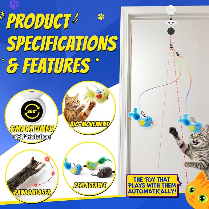 Interactive Cat Toys with Automatic Feather Flying Bird for Bored Adult Cat | Catpick toy Doorway Hanging Feather Toys for Indoor Cat & Kitten, Electric Smart Wand Toys for Exercise &Enrichment, Green